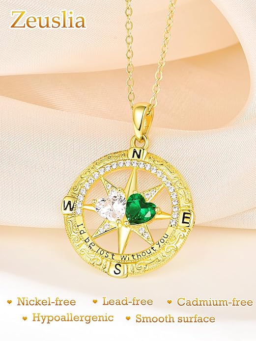 Zeuslia Double Birthstone Necklace Gifts for Wife - 925 Sterling Silver Sunflower/Rose/Crown Cross/Compass/Heart Pendant I Love You Necklace, Anniversary Birthday Gifts for Wife Girlfriend Mom Her