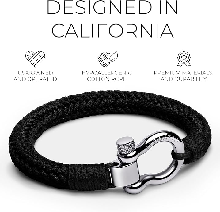 Elegatto Orion Premium Rope Bracelet for Men | Natural Cotton Finish and Sterling Silver Polished Stainless Steel Horseshoe Shackle Closure | Men’s Designer Bracelets