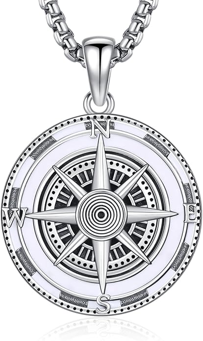 KINGWHYTE Compass Necklace for Men 925 Sterling Silver Birthday Gifts Graduation Travel Jewelry for Husband Brother with Stainless Steel Chain