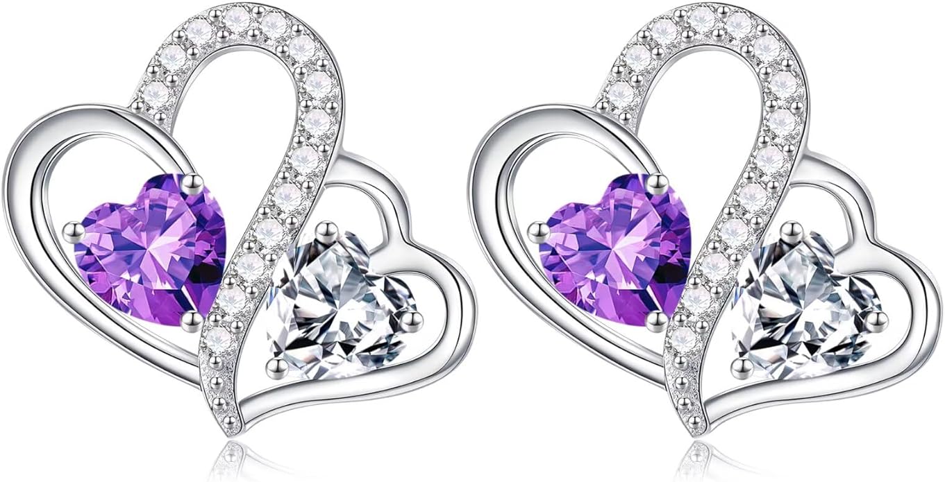 Iefil Valentines Day Gifts for Her - Birthstone Earrings Gift for Women, 925 Sterling Silver Double Heart Birthstone Earrings | Anniversary Birthday Gifts for Women, Personalized Jewelry for Wife Mom