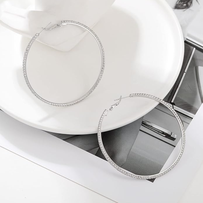 925 Sterling Silver Earrings Large Rhinestone Hoop Earrings Big Cubic Zirconia Hoop Earrings Thin Rhinestones Round Hoop Earrings for Women 20/30/40/50/60/70mm Sparkly Hoops With Crystals for Womens