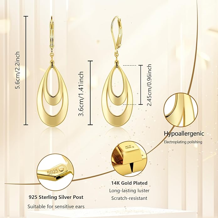 ALEXCRAFT 925 Sterling Silver & 14K Gold Plated Teardrop Dangle Earrings Double Teardrop Leverback Dangle Earrings for Women Hypoallergenic Trendy Prom Fashion Jewelry Gifts