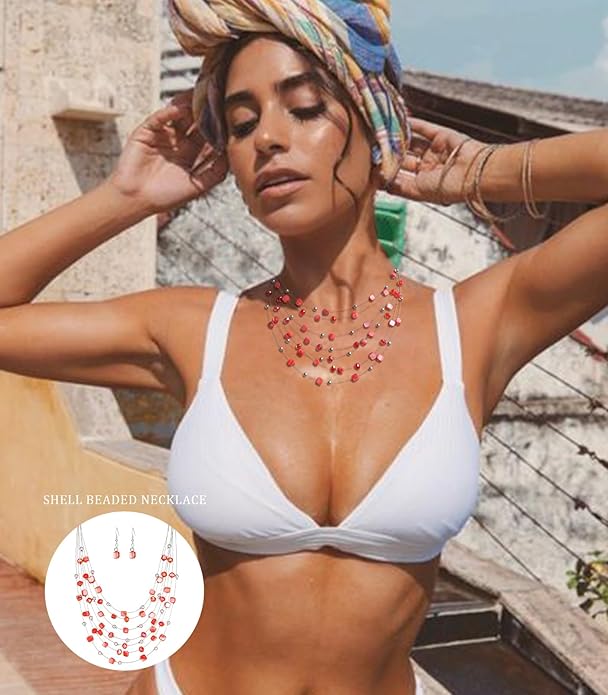 Multi-Layer Boho Shell Beaded Necklace for Women Colorful Crystal Strand with Silver Beads Statement Collars Necklace and Earrings Costumes Jewelry Sets for Women