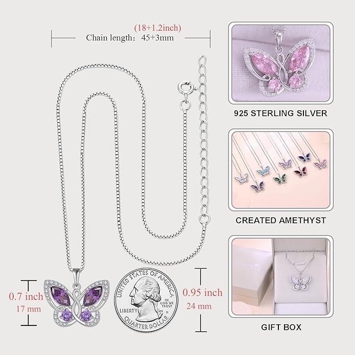 STARCHENIE Butterfly Pendant Necklace for Women 925 Sterling Silver Birthstone Butterfly Jewelry Gifts