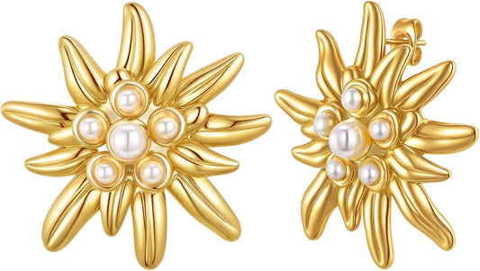 Womens Floral Gold Studs Earrings - 14K Gold Plated Earring,Personality Summer Big Flower Stud,Hypoallergenic Statement Chunky Ear Rings Aretes Trendy Jewelry,Christmas Birthday Prom Gifts for Her