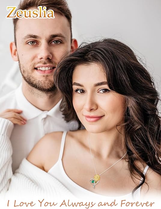 Zeuslia Double Birthstone Necklace Gifts for Wife - 925 Sterling Silver Sunflower/Rose/Crown Cross/Compass/Heart Pendant I Love You Necklace, Anniversary Birthday Gifts for Wife Girlfriend Mom Her