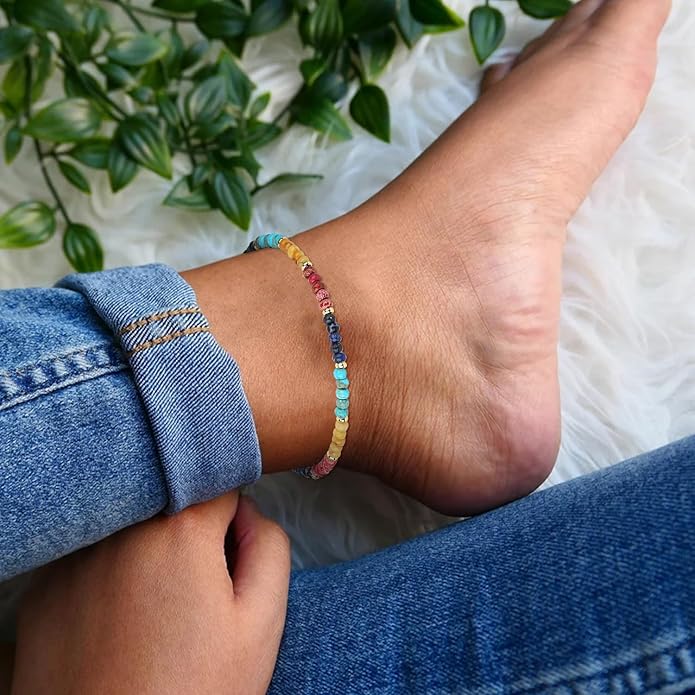 Natural Stone Beaded Anklets Bracelets for Women Handmade Beaded Anklet Bracelet Waterproof Boho Beads Ankle Bracelet Adjustable Summer Jewelry