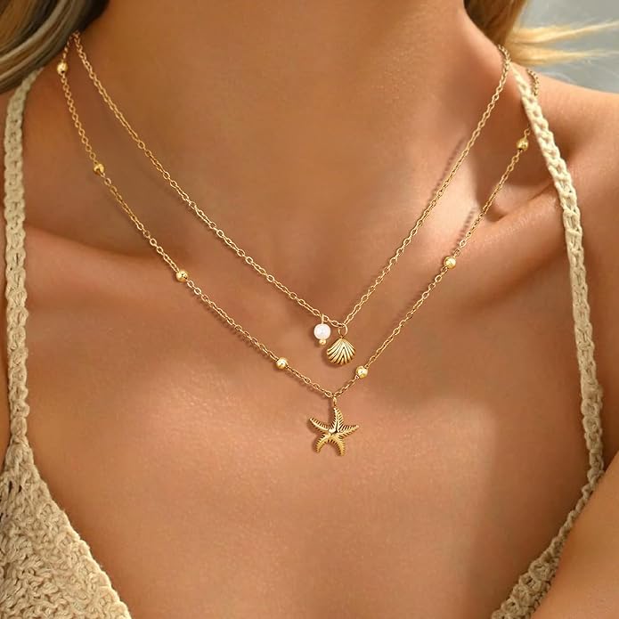 Shell Necklace for Women,14k Gold Plated Layered Starfish Conch SeaShell Pearl Pendant Charm Necklace,Non Tarnish Adjustable Stainless Steel Chain Stack Jewerly for Summer Beach Vacation