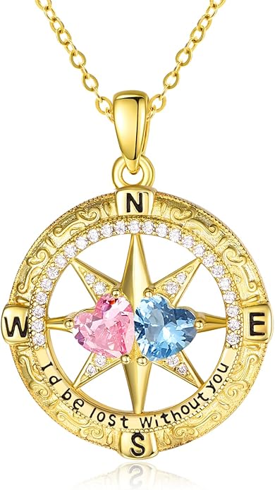 Zeuslia Double Birthstone Necklace Gifts for Wife - 925 Sterling Silver Sunflower/Rose/Crown Cross/Compass/Heart Pendant I Love You Necklace, Anniversary Birthday Gifts for Wife Girlfriend Mom Her