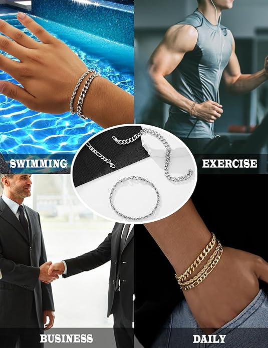 3 PCS Silver Bracelets for Men 925 Sterling Silver/14K Gold Palted Cuban Link Chain Bracelet Figaro Rope Bracelet Set Mens Jewelry Gifts for Dad Husband Boyfriend 7.5/8.2 Inches