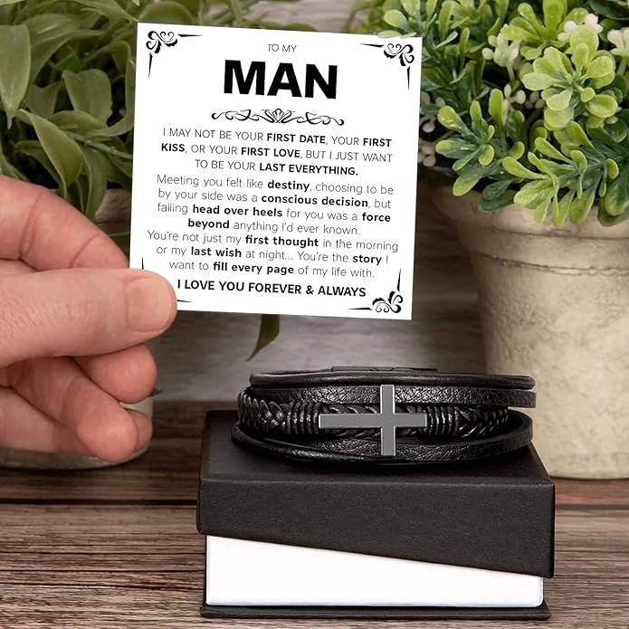 Mapileng To My Man – Braided Leather & Stainless Steel Bracelet with Heartfelt ‘Love You Forever’ - Elegant Gift Box Included, Gift from Girlfriend or Wife for Husband, Boyfriend, or Brother