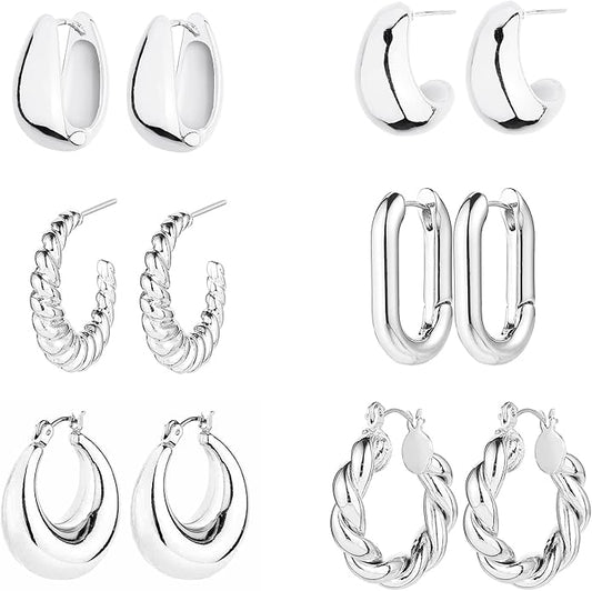 6 Pairs 14K Gold Plated Hoop Earrings for Women Lightweight Chunky Hoop Earrings Multipack Hypoallergenic, Thick Open Twisted Huggie Hoops Earring Set Jewelry for Gifts.