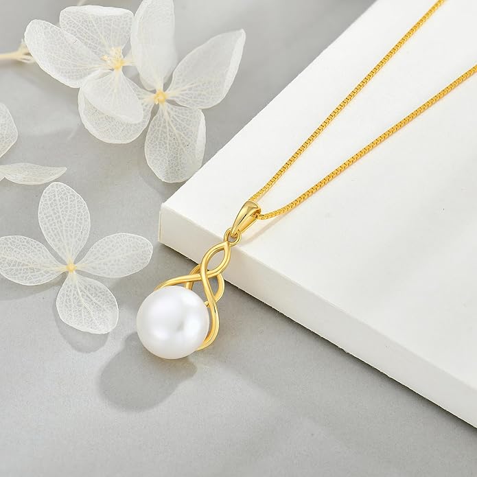 Veshon Celtic Infinity Pearl Pendant Necklace for Women, 925 Sterling Silver Good Luck Irish Pendant with 10MM Freshwater Cultured Pearl, White/Rose/ 14K Gold Plated Jewelry Gift