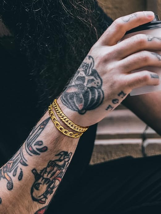 Richsteel 2PCS/3PCS Bracelets Chain for Men Women Stainless Steel Silver/Gold/Black Cuban/Rope Link Chain Bracelets Set, 7.4/8.2/9 Inch Hand Chain Length for Men Women Jewelry