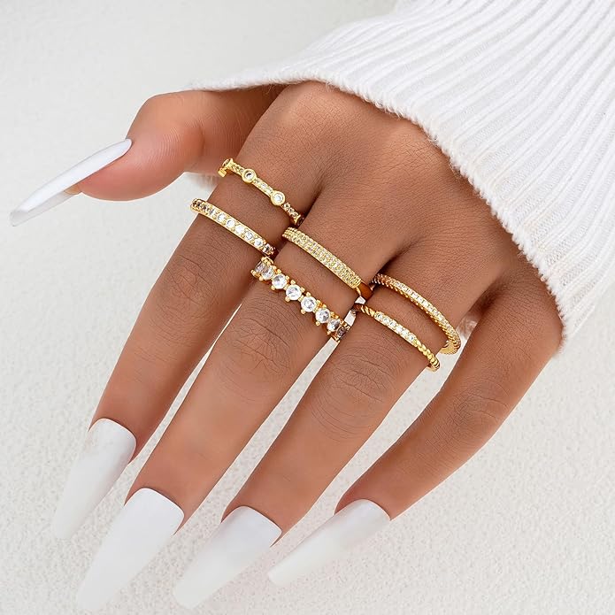 FAXHION Gold Rings for Women Non Tarnish, 14k Gold Plated Stacking Cubic Zirconia Thumb Ring Set, Dainty Gold Knuckle Women Rings Set Size 5 6 7 8 9 10