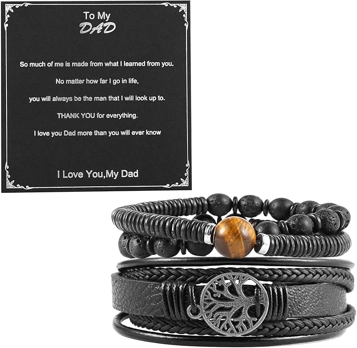 HZMAN Genuine Leather Tree of life Bracelets Men Women, Tiger Eye Natural Stone Lava Rock Beads Ethnic Tribal Elastic Bracelets Wristbands