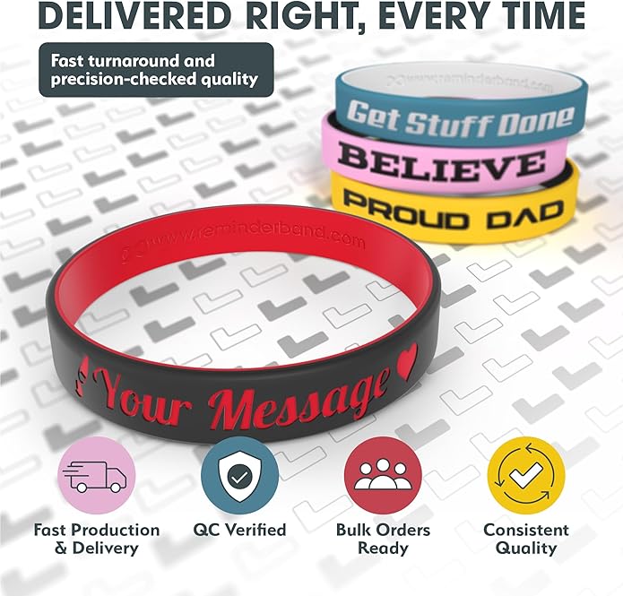 Reminderband Custom 100% Silicone Luxe Wristbands – Personalized Motivational Bracelets, Bulk Rubber Bands for Events, Fundraisers, Awareness, Gifts - Hypoallergenic Bands