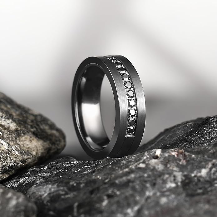 King Will Mens Tungsten Wedding Band with Cubic Zircon Inlay 7mm/8mm Flat Cut Comfort Fit Engagement Rings