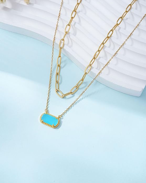 Lourny Gemstone Birthstone Pendant Layered Necklace for Women Trendy, 18K Gold Plated Paperclip Chain Preppy Choker Charm Necklace for Women Wife Jewelry