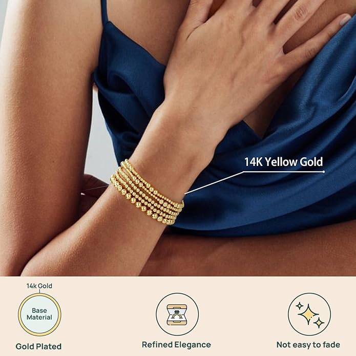 adoyi Gold Bracelets for Women Waterproof, 14K Gold Plated Beaded Strand Bead Ball Bracelets stack Adjustable Jewelry Set for Gifts