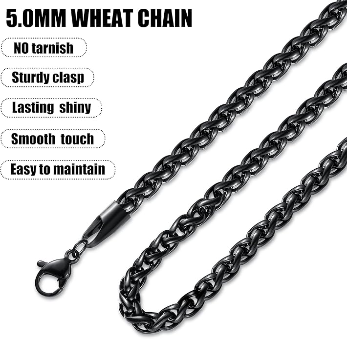 Fiusem Black Wheat Chains for Men and Women, 2/2.5/3/4/5mm Stainless Steel Necklace Chain, Mens Necklace Jewelry Gift 16-28 Inch