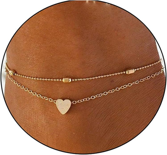 Pencros Dainty Layered Anklet,14K Gold Filled Cute Beads Satellite Chain Heart Boho Adjustable Anklets for Women