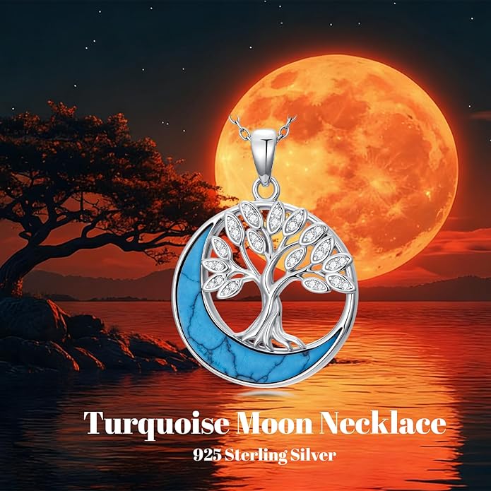 SELKAT 925 Sterling Silver Turquoise Moon Pendant Necklace for Women, Snake/Flower/Bow/Tree of Life/Star Moon Necklace, Dainty Jewelry for Daily Wear & Gifts