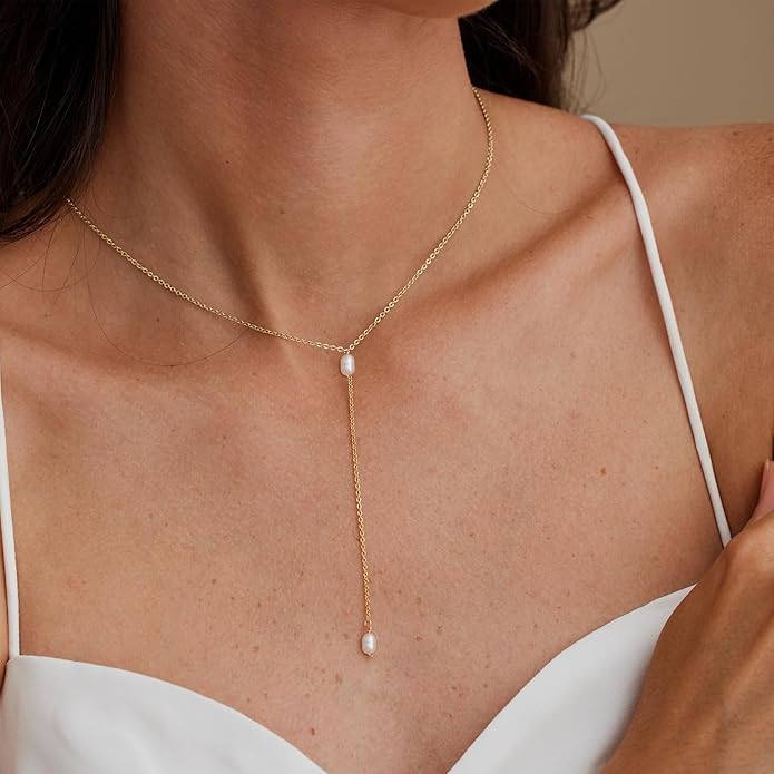 Gold Necklace for Women, Dainty Gold Long Necklaces 14k Gold Plated Prom Bar CZ Lariat Necklace Simple Choker Necklaces for Women Trendy Boho Fashion Costume Jewelry Womens