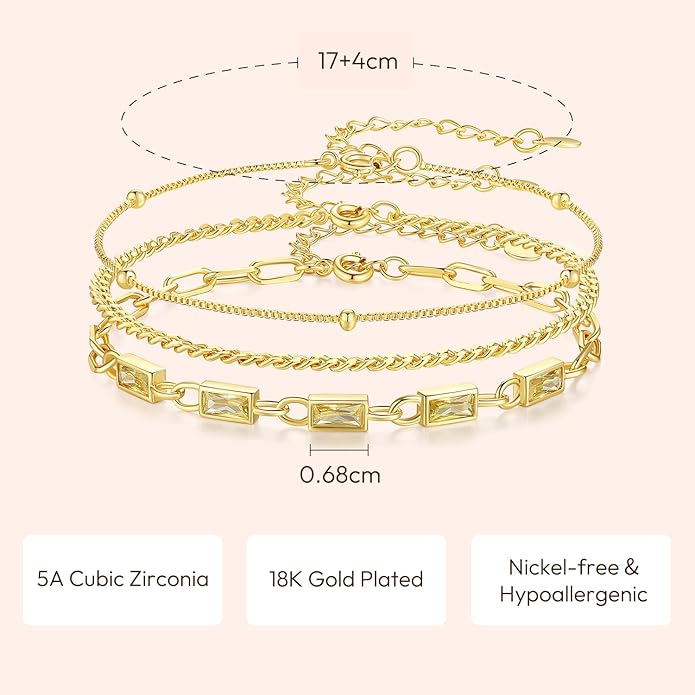 Gold Birthstone Bracelet for Women, 18K Gold Plated Layered Jewelry Bracelet Set, Women Dainty Stackable Bracelets Link Paperclip Chain Valentines Day Gift for Women