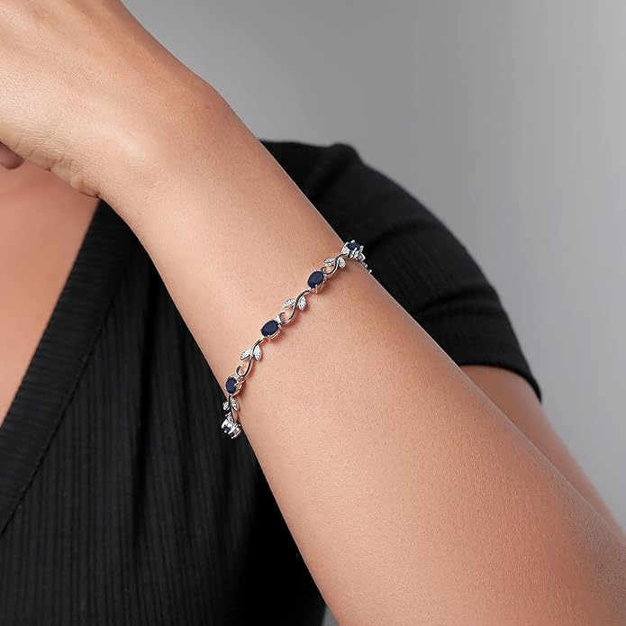 Gem Stone King 925 Sterling Silver Blue Sapphire and White Diamond Oval Tennis Bracelet | Greek Vine Bracelet for Women | 5.12 Cttw | Oval 6X4MM | Gemstone Birthstone | 7 Inch