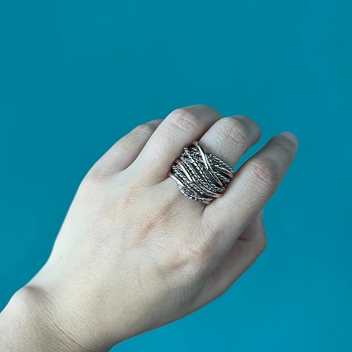 Wide Band Rings Twisted Rope Ring Two-Tone Mixed Metal Braided Statement Rings Fashion Jewelry for Women