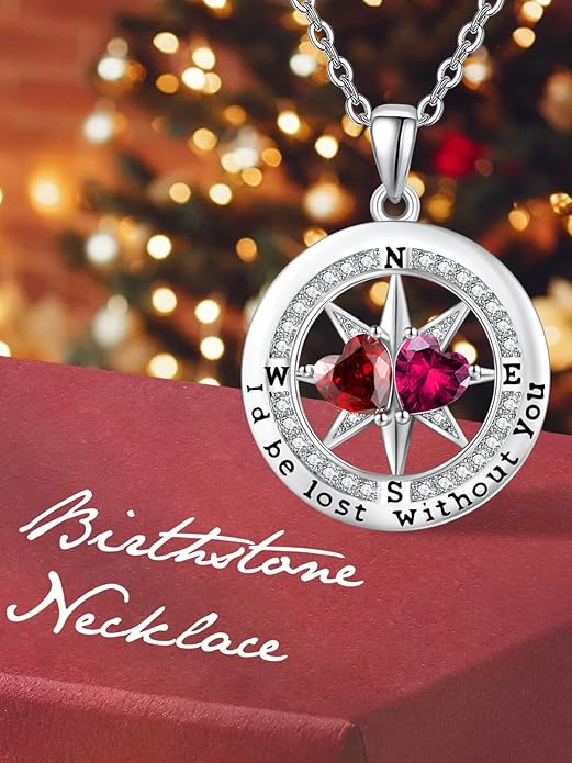 Compass Birthstones Necklace for Women, Exquisite Anniversary Birthday Gifts for Wife Her Double Birthstone Pendant jewelry ‘I'd be Lost Without You’