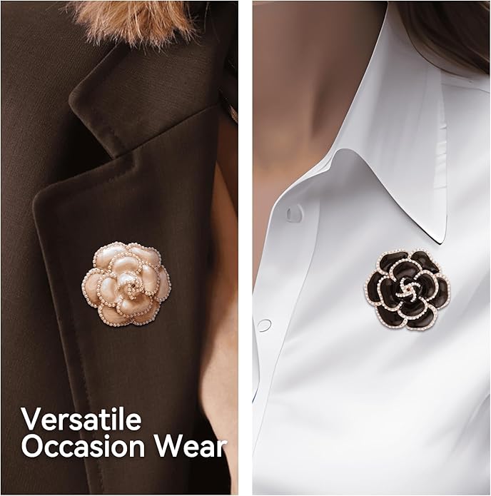 2 Pcs Camellia Flower Brooch Pins Elegant Faux Pearls for Women Dress Perfect for Party Wedding and Banquet