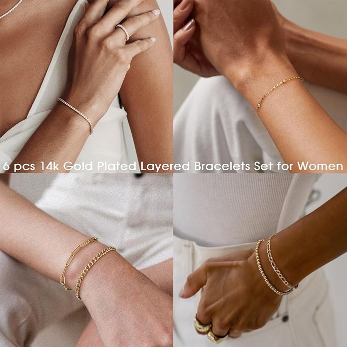 adoyi Gold Bracelets for Women, 14K Gold Plated Stackable Bracelet Stack Set Adjustable Charm Paperclip Chain Cuban Link Layered Waterproof Jewelry Sets Gifts for Womens 6.0/6.8/7.2"