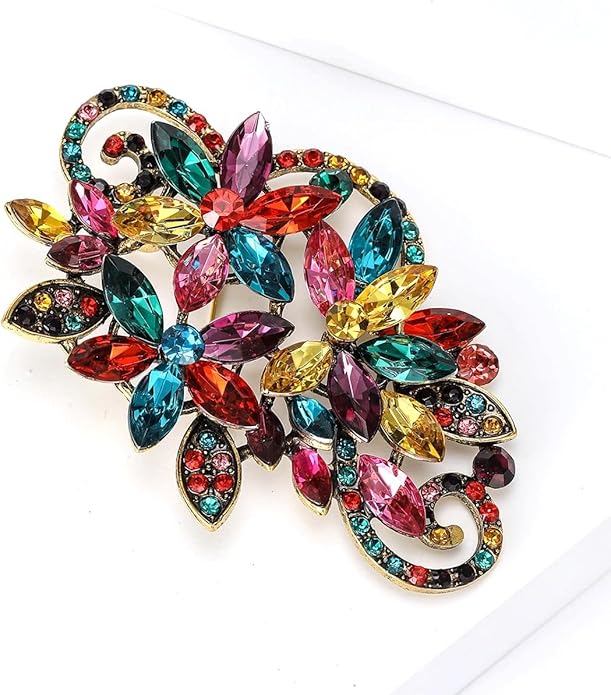 YOQUCOL Vintage Red Austrian Crystal Rhinestone Flower Shape Brooch Pin for Women