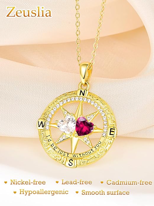 Zeuslia Double Birthstone Necklace Gifts for Wife - 925 Sterling Silver Sunflower/Rose/Crown Cross/Compass/Heart Pendant I Love You Necklace, Anniversary Birthday Gifts for Wife Girlfriend Mom Her