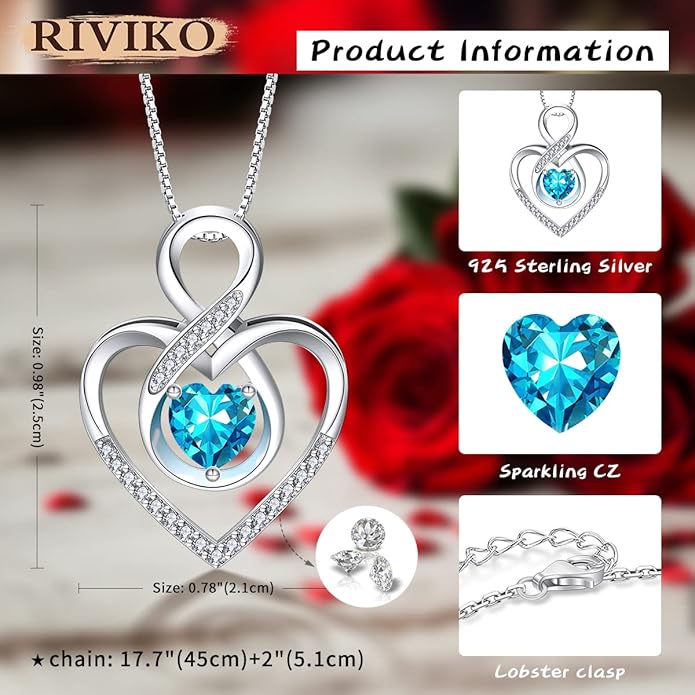 RIVIKO Infinity Heart Symbol Necklace for Women 925 Sterling Silver Love Heart Pendant Valentine's Day Mother's Day Anniversary Birthday Christmas Jewelry Gifts for Women Mom Wife Sister Her Friends