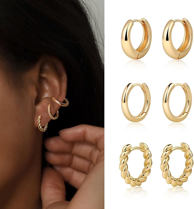 MIDEEO Gold/Sliver Chunky Hoop Earrings Set for Women, 14K Gold Plated Twisted Huggie Hoop Earring Hypoallergenic Thick Open Lightweight Chunky Hoop Earrings Jewelry for Gifts