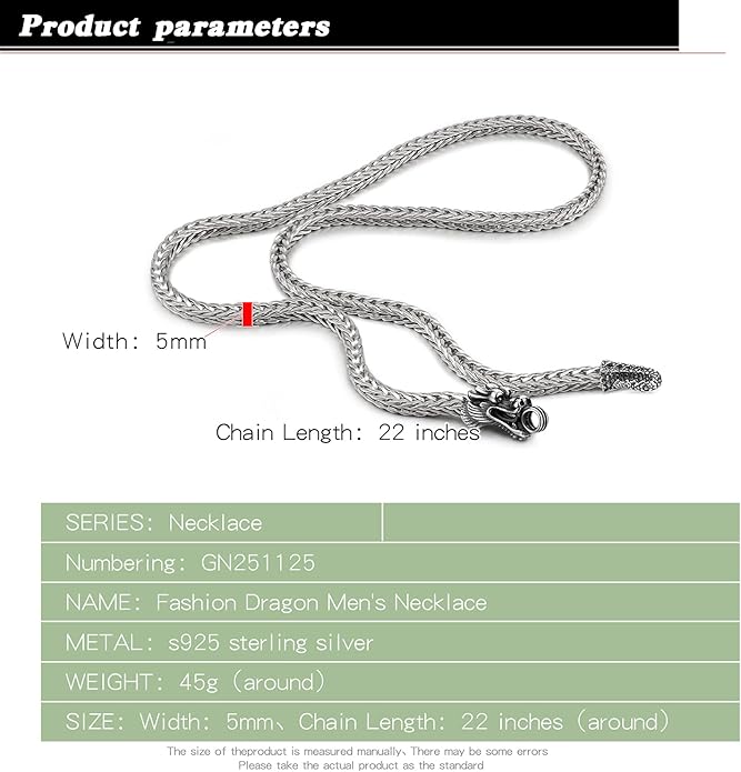 Dankadi Men 925 Sterling Silver Dragon Necklace Vintage 5MM 20 "22" 24 "26" Franco Link Curb Chain Choker Fashion Punk Gold Fine Jewelry Gift