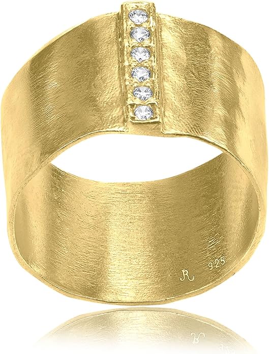 JEAN RACHEL JEWELRY 14K Gold Plated Sterling Silver Ring with 0.18 TCW Cubic Zirconia - Wide Band Hammered Vintage Design - Hypoallergenic, Lead & Nickel Free Jewelry Statement Rings for Women