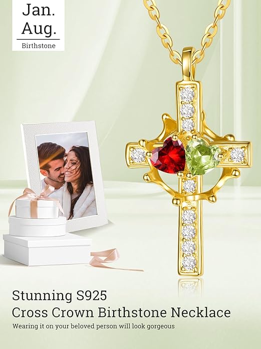 Zeuslia Double Birthstone Necklace Gifts for Wife - 925 Sterling Silver Sunflower/Rose/Crown Cross/Compass/Heart Pendant I Love You Necklace, Anniversary Birthday Gifts for Wife Girlfriend Mom Her