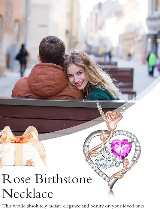 Christmas Gifts for Women Rose Heart Birthstone Pendant Necklace I Love You Forever Jewelry Valentine Mothers Day Birthday Gifts for Women Her Wife Girlfriend