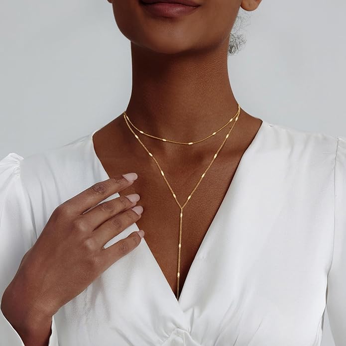 Lariat Gold Necklace for Women Trendy Dainty 14k Gold Plated/Silver Layered Chain Drop Necklaces Y-Shaped Necklace Jewelry for Women Gifts