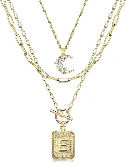 MJartoria Layered Initial Necklaces for Women Trendy, 14K Gold Plated Brass Simple Moon Choker Square Letter Pendant Necklace, Paperclip Chain Necklaces Jewelry Gifts