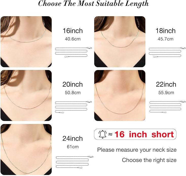 925 Sterling Silver Chain Necklace for Women 0.8mm Box Chain, Italian Necklace Chain, Super Strong & Thin & Long16/18/20/22/24 Inches