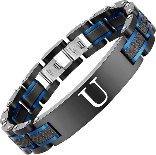 Men's initials bracelet - blue and black double spelling, men's bracelet stainless steel. Elegant and durable with gift box