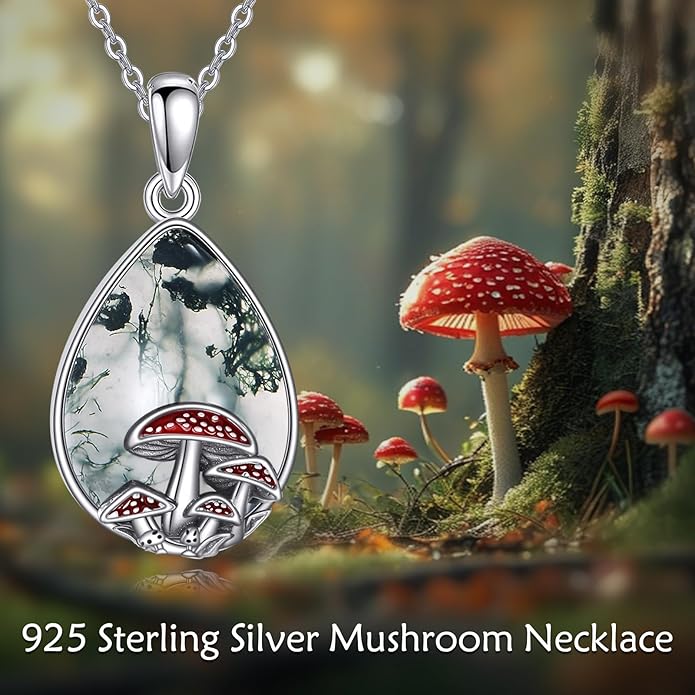 YAFEINI Mushroom Necklace Moonstone/Moss Agate/Malachite/Labradorite/Turquoise/Amber/Larimar/Black Onyx/Lapis Lazuli/Peridot/Opal Sterling Silver Mushroom Pendant Mother's Day Jewelry for Women Mom