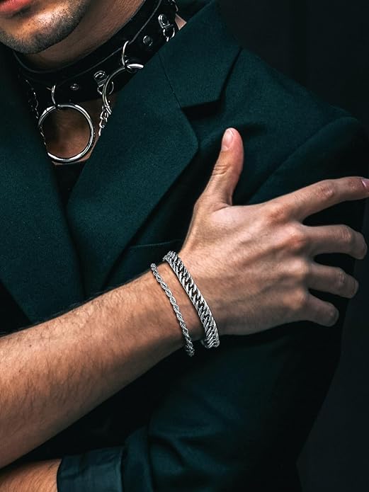 Richsteel 2PCS/3PCS Bracelets Chain for Men Women Stainless Steel Silver/Gold/Black Cuban/Rope Link Chain Bracelets Set, 7.4/8.2/9 Inch Hand Chain Length for Men Women Jewelry