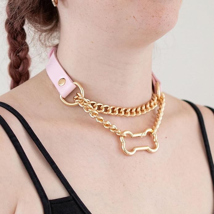 Black/Pink Leather Choker Collar For Women, Handmade Gothic Slip Chain Necklace with Bone Clasp