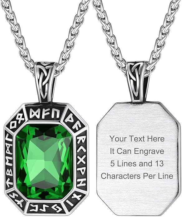 ChainsHouse Viking Rune Pendant Necklace for Men Women, Punk Biker Black Metal/316L Stainless Steel Onyx Norse Vintage Amulet Necklaces with Black/Red/Green/Blue Gemstone, Send Gift Box